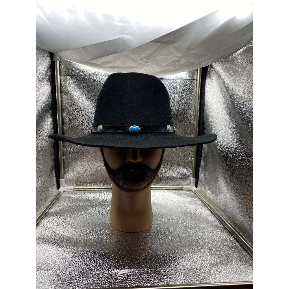 Bee Hat Co Cowboy‎ Hat Mens 7 1/4 Black Felt Turquoise Concho Wide Brim Western